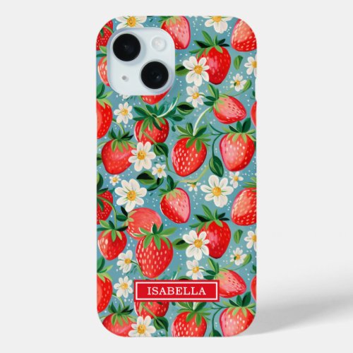 Watercolor Strawberries On Blue Monogrammed iPhone 15 Case