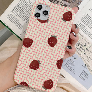Watercolor Strawberries on Pink Grid - Valentine iPhone 16 Pro Case