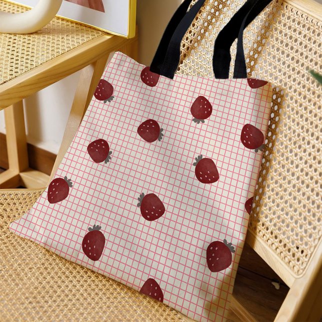 Watercolor Strawberries on Pink Grid - Valentine Tote Bag (Creator Uploaded)