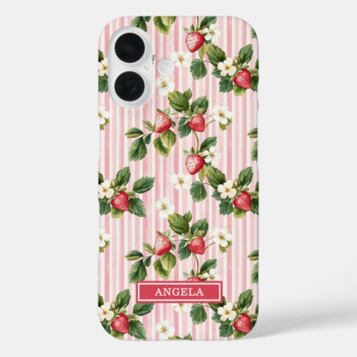 Watercolor Strawberries On Pink Stripes iPhone 16 Case