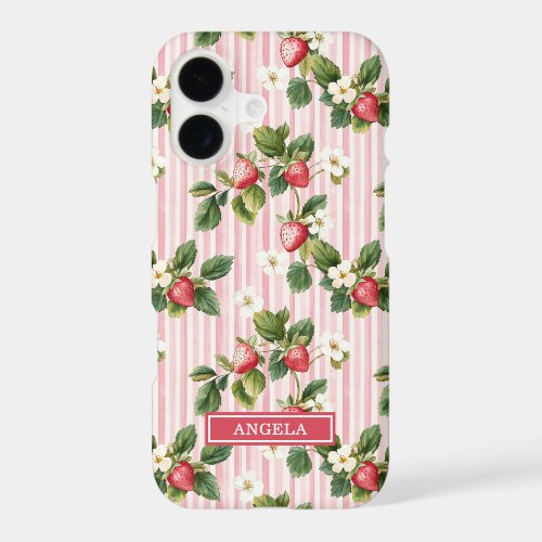 Watercolor Strawberries On Pink Stripes iPhone 17 Case