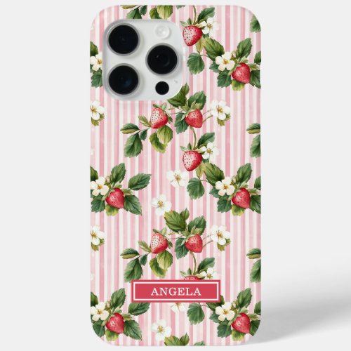 Watercolor Strawberries On Pink Stripes iPhone 15 Pro Max Case