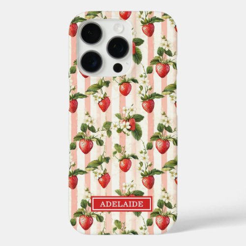 Watercolor Strawberries On Stripes Monogrammed iPhone 16 Pro Case
