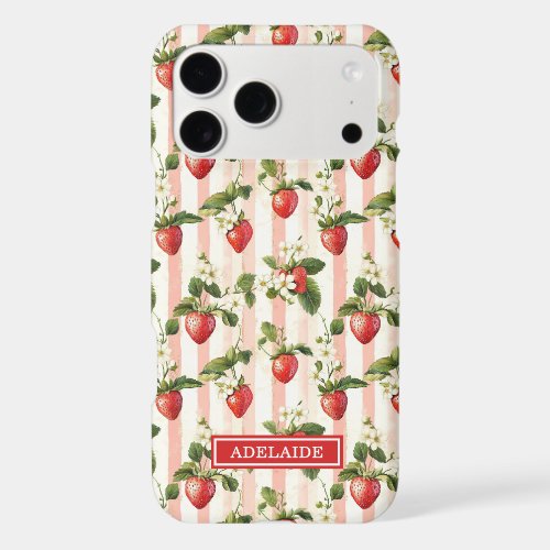 Watercolor Strawberries On Stripes Monogrammed iPhone 17 Pro Max Case
