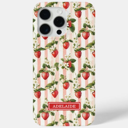 Watercolor Strawberries On Stripes Monogrammed iPhone 15 Pro Max Case