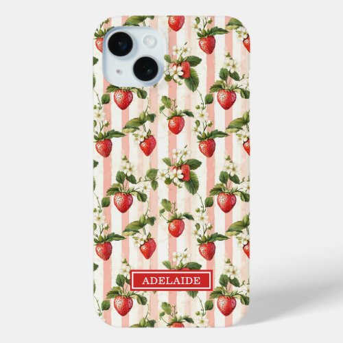 Watercolor Strawberries On Stripes Monogrammed iPhone 15 Plus Case