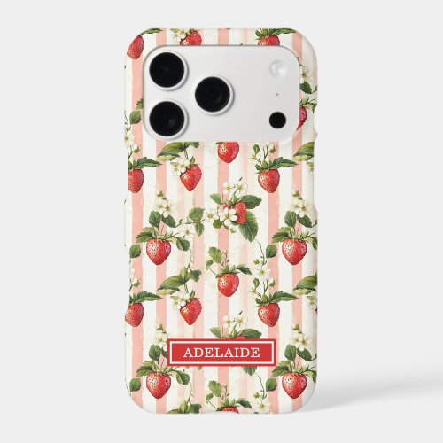 Watercolor Strawberries On Stripes Monogrammed iPhone 17 Pro Case