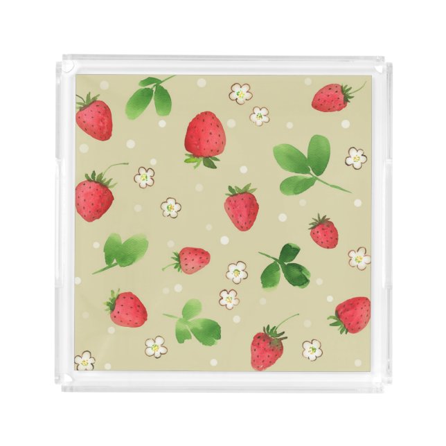 Watercolor strawberries pattern acrylic tray (Front)