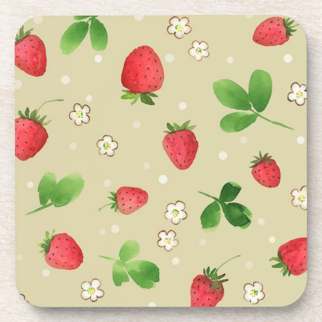 Watercolor strawberries pattern coaster (Front)