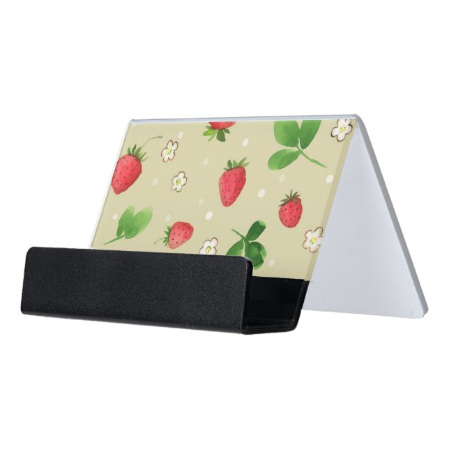 Watercolor strawberries pattern desk business card holder (Angled Front)