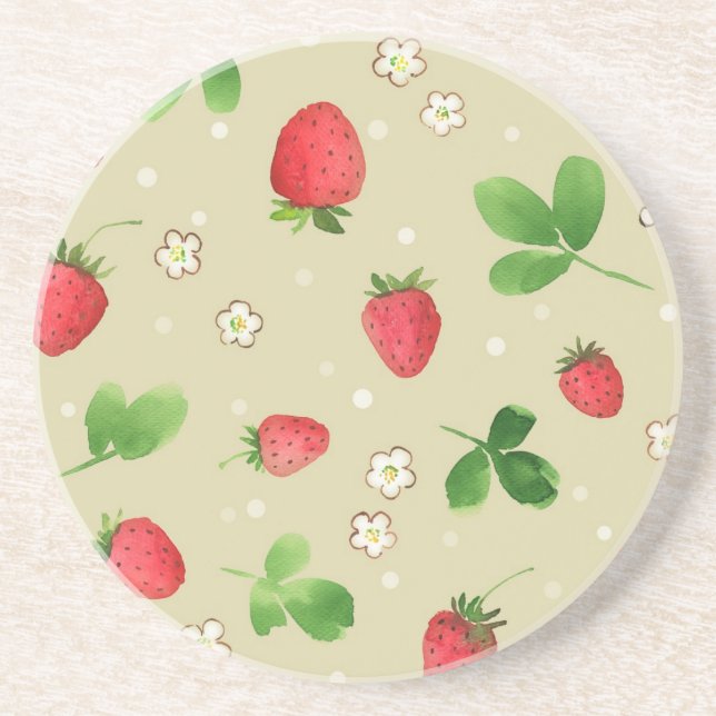 Watercolor strawberries pattern drink coaster (Front)