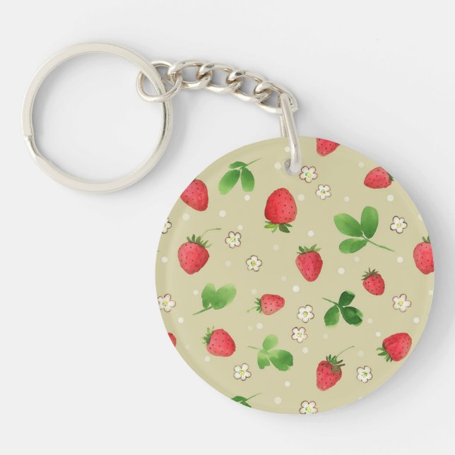 Watercolor strawberries pattern keychain (Front)