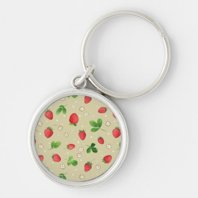 Watercolor strawberries pattern keychain (Front)