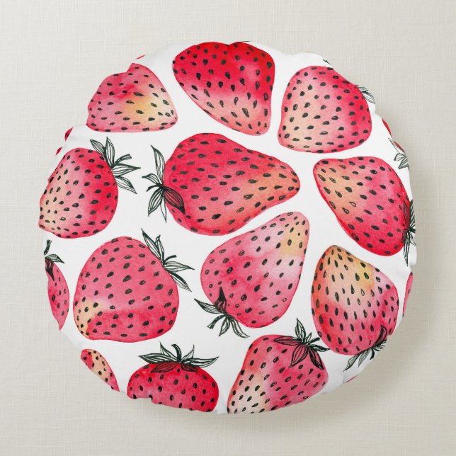 Watercolor strawberries pattern. round pillow (Front)