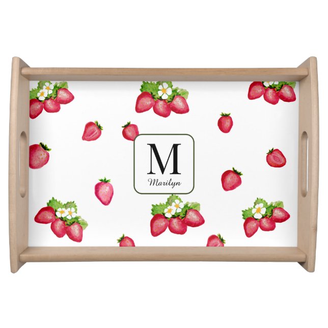 Watercolor Strawberries Personalized Monogram Serving Tray (Front)