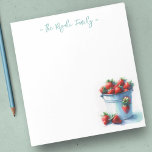 Watercolor Strawberries Personalized Stationery Notepad<br><div class="desc">Cute and charming, this personalized stationery features your family name or monogram in blue green lettered script typography with a watercolor painted tin pint of strawberries. Perfect for your spring and summer notes with a farmhouse theme. To see more office home living designs and strawberry gifts like this visit www.zazzle.com/dotellabelle...</div>