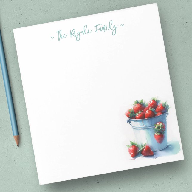 Watercolor Strawberries Personalized Stationery Notepad (Strawberry notepads feature watercolor tin pint of strawberries farmhouse retro theme)