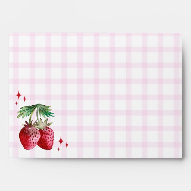 Watercolor Strawberries Pink Gingham Check Envelope (Front)