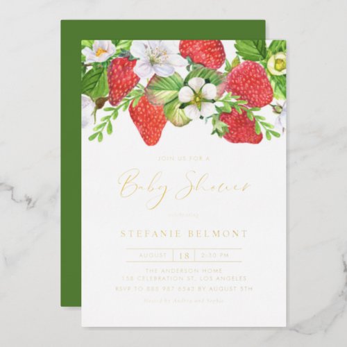 Watercolor Strawberries Summer Baby Shower Foil Invitation