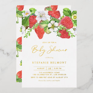 Watercolor Strawberries Summer Baby Shower Foil Invitation