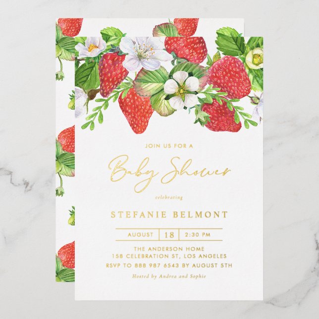 Watercolor Strawberries Summer Baby Shower Foil Invitation (Front/Back)