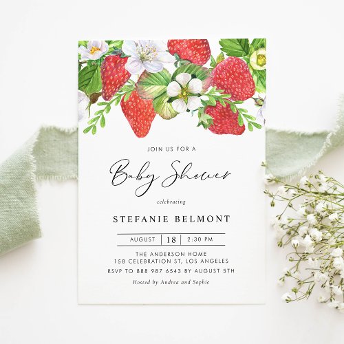 Watercolor Strawberries Summer Baby Shower Invitation