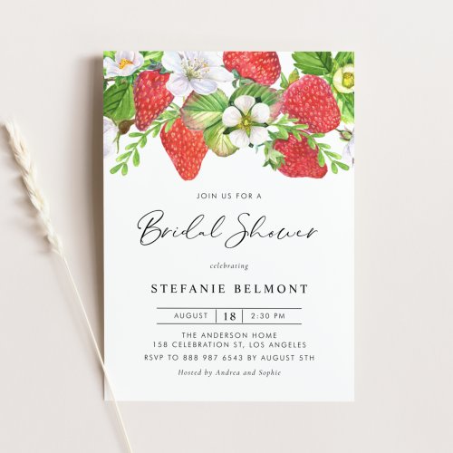 Watercolor Strawberries Summer Bridal Shower Invitation