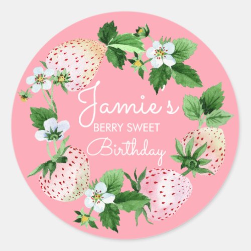 Watercolor Strawberries White First Birthday Party Classic Round Sticker