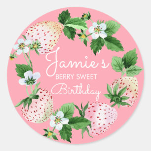 Watercolor Strawberries White First Birthday Party Classic Round Sticker
