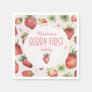 Watercolor Strawberry 1st Berry First Birthday Napkins