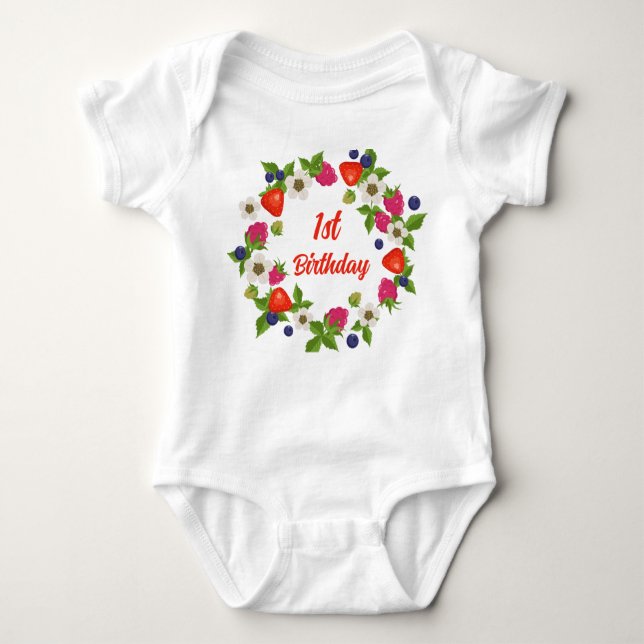 Watercolor Strawberry 1st Birthday  Baby Bodysuit (Front)
