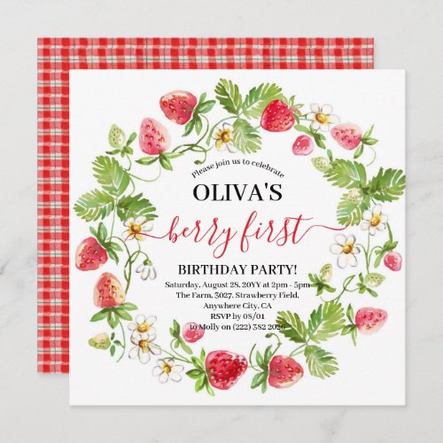 Watercolor Strawberry 1st Birthday  Invitation