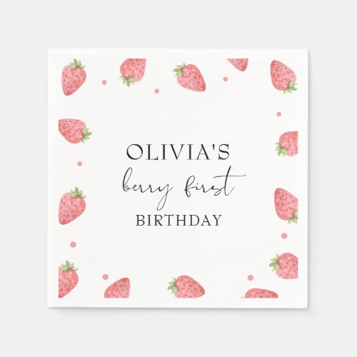 Watercolor Strawberry 1st Birthday Party Berry Napkins