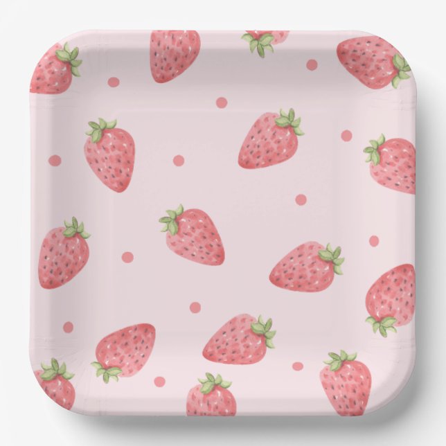 Watercolor Strawberry 1st Birthday Party Berry Paper Plates (Front)