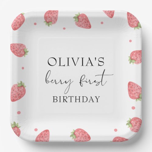 Watercolor Strawberry 1st Birthday Party Berry Paper Plates