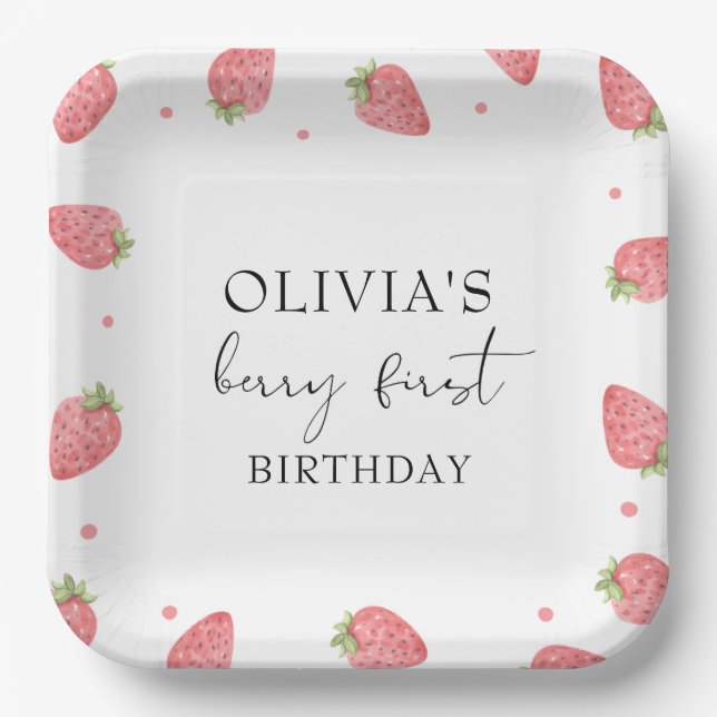 Watercolor Strawberry 1st Birthday Party Berry Paper Plates (Front)