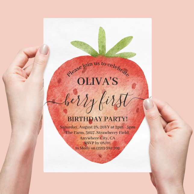 Watercolor Strawberry 1st Birthday Party Invitation (Creator Uploaded)