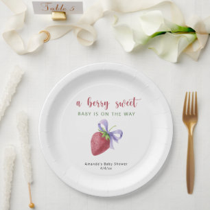 Watercolor strawberry and bow Baby shower Paper Plates