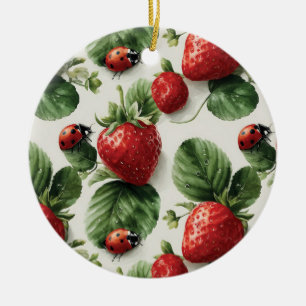 Watercolor Strawberry and Ladybug Seamless Pattern Ceramic Ornament