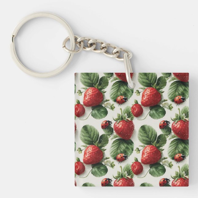 Watercolor Strawberry and Ladybug Seamless Pattern Keychain (Front)