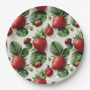 Watercolor Strawberry and Ladybug Seamless Pattern Paper Plates