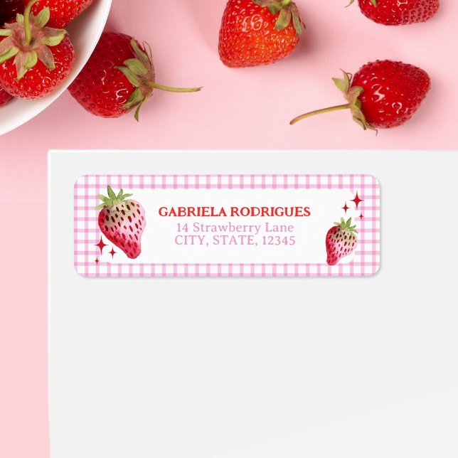 Watercolor Strawberry and Pink Gingham Checks Label (Watercolor Strawberry and Pink Gingham Checks Label)