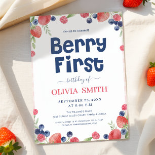 Watercolor Strawberry Baby Berry First Birthday Invitation