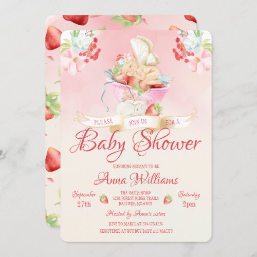 Watercolor Strawberry Baby Fairy Baby Shower Invitation