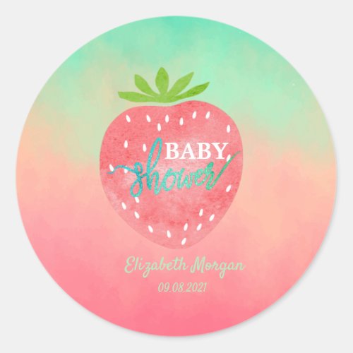 Watercolor Strawberry Baby Shower  Classic Round Sticker
