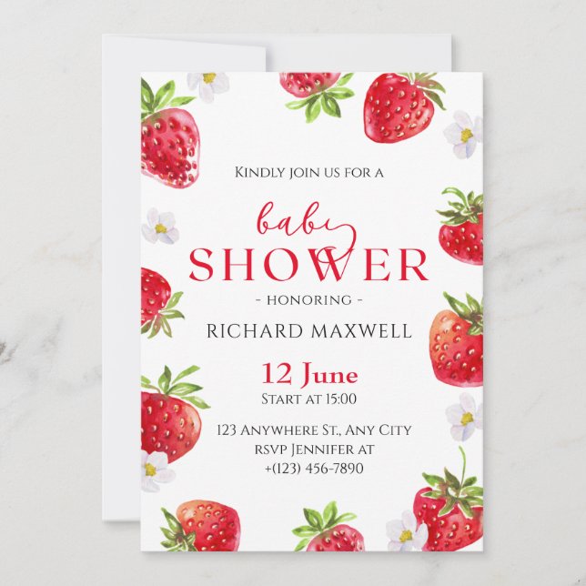 Watercolor Strawberry Baby Shower Invitation (Front)