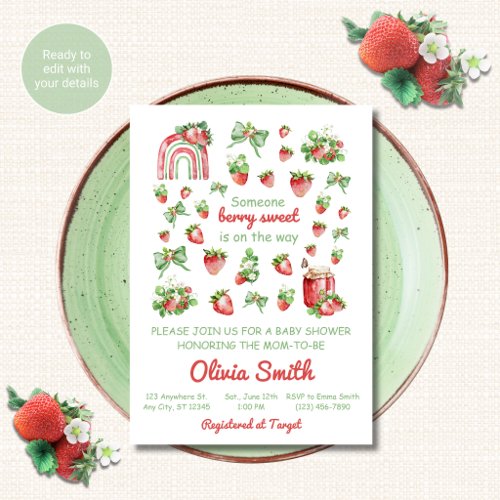 Watercolor Strawberry Baby Shower Invitation