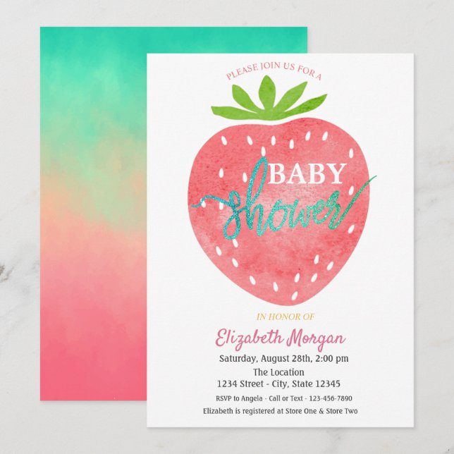 Watercolor Strawberry Baby Shower Invitation (Front/Back)