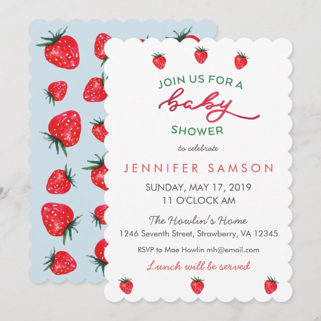 Watercolor Strawberry Baby Shower Invite (Front/Back)