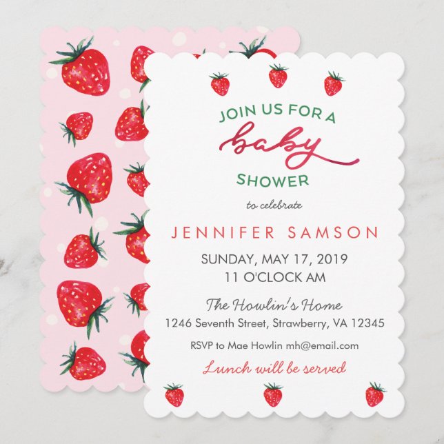 Watercolor Strawberry Baby Shower Invite Pink (Front/Back)